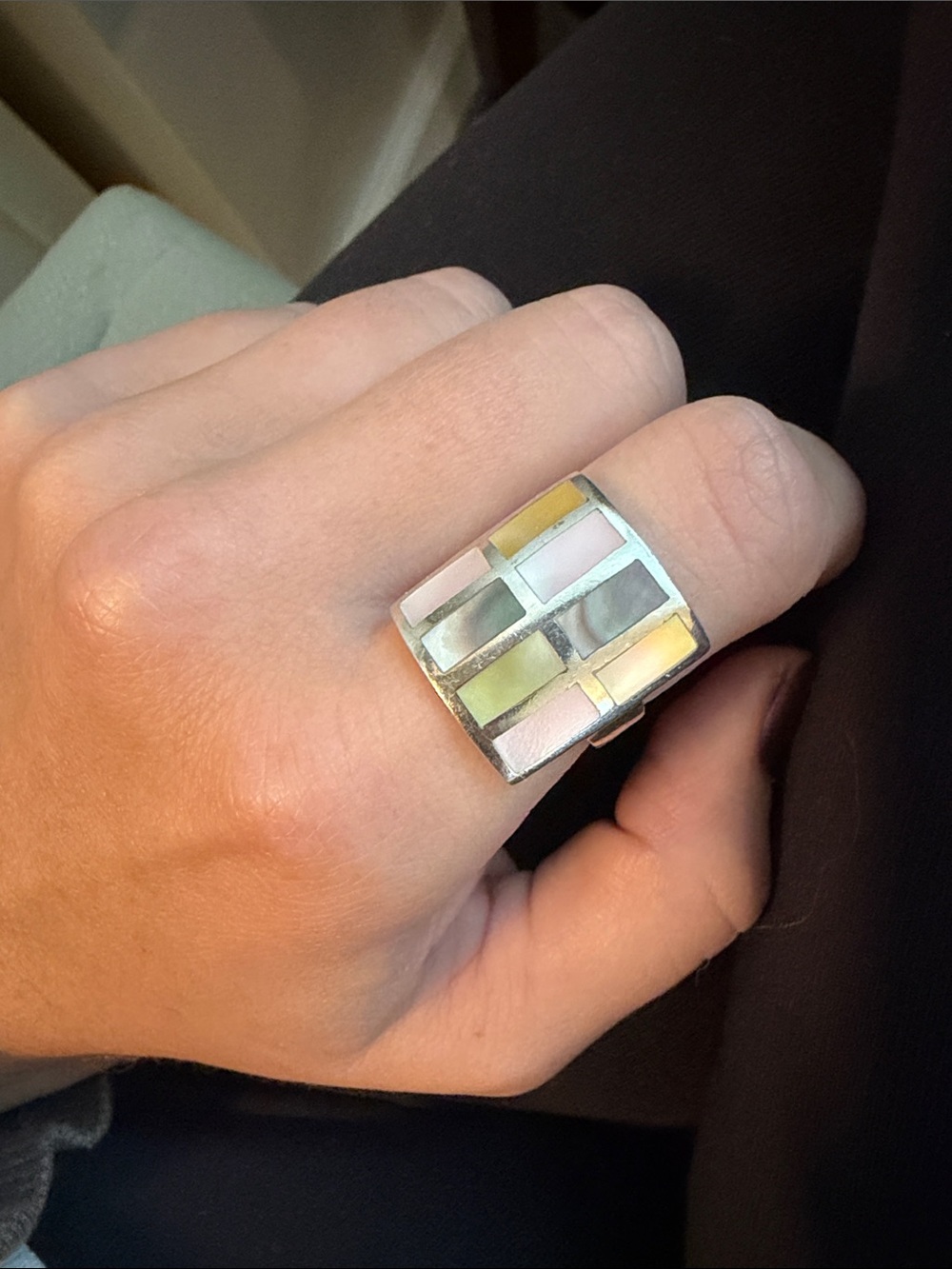 Mother of Pearl & Abalone Inlay Sterling Silver Statement Ring - Pastel Mosaic